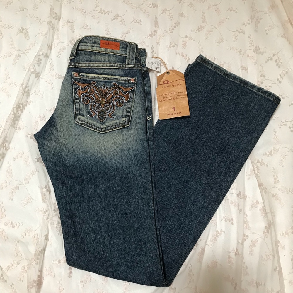 Plastic by GLY Bootcut Jeans Women Size 1 Dark Wash Embroidered Pocket Denim